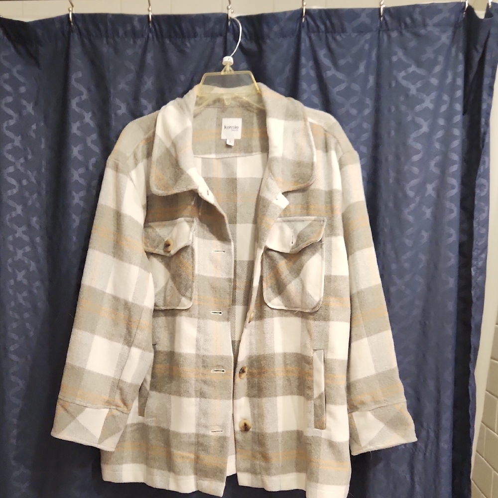 Kensie Women's Plaid Utility Jacket - Cream and Tan